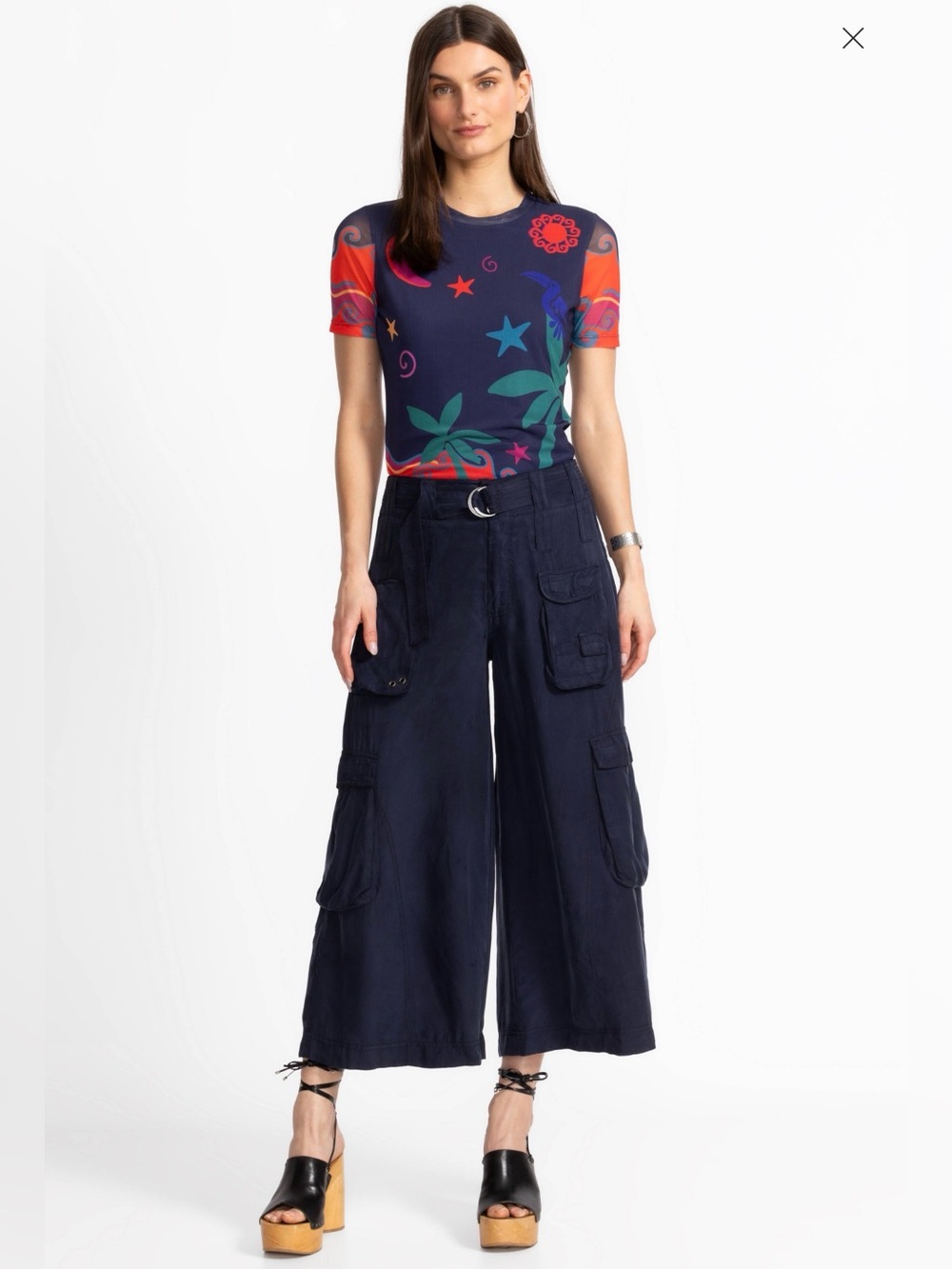 Johnny Was Navy Wide-Leg Cargo Crop Pants with Ring Belt